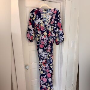 Yumi Kim Navy Floral Wrap Maxi Dress Ruched Slit Size S